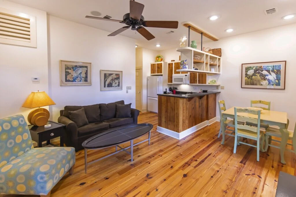 Flat 3 boasts a classier Old Florida aesthetic. The living room in Flat 3 has a pull out couch in it.