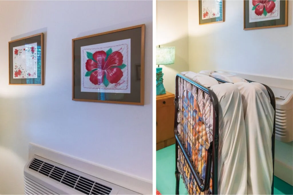 The Hibiscus room can sleep up to 3 people because it comes with a pull out cot.