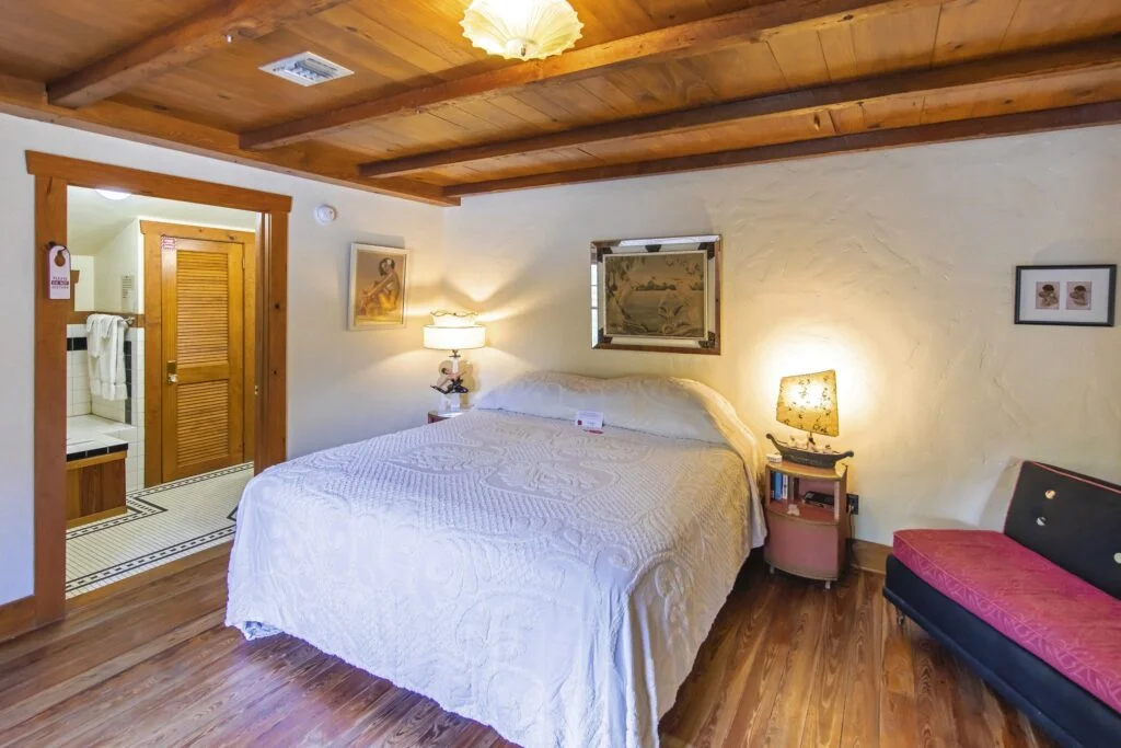 Romance Room has vintage hardwood floors and a hardwood ceiling