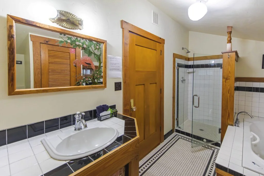Romance Room has a walk in shower and jaccuzi style tub