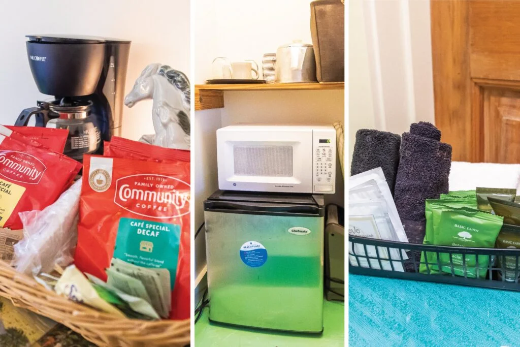 Turner has coffee, a microwave, a mini fridge, and some toiletries to keep you going through your stay!